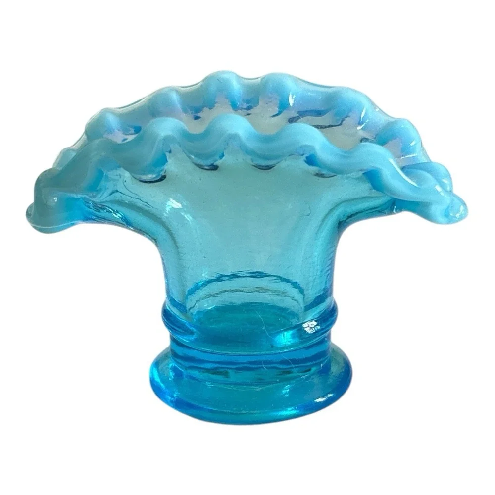 Pair Of Fenton Opalescent Blue Miniature Vases/ Toothpick Holders ,FLAWED SEE